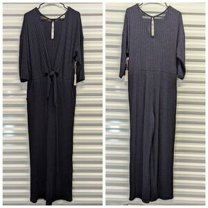 Quiet Luxury Plus Size Navy Wide Leg Jumpsuit NWT Textured Tie Waist Pockets‎